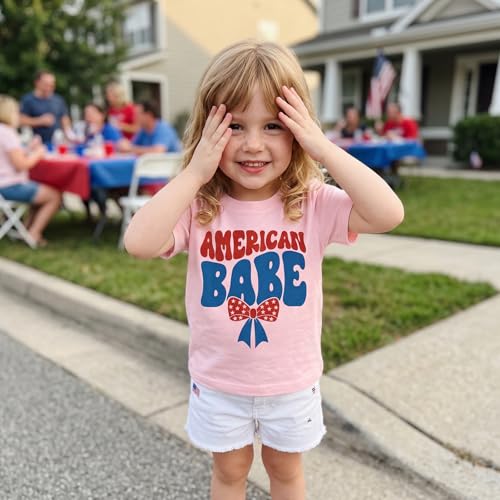 Image of Kids Toddler Girls 4th of July T-Shirt Coquette Bowknot Patriotic USA 250 American Flag Independence Day Top