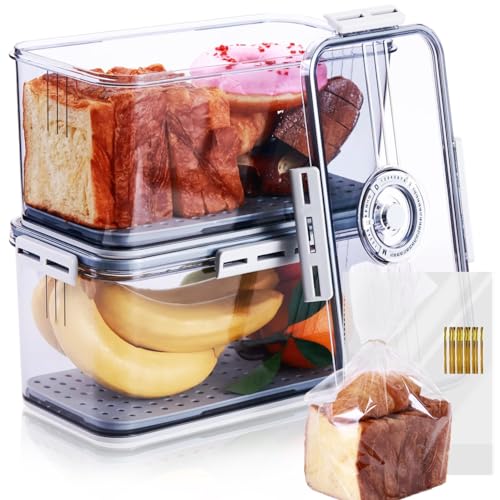 2 Pack Bread Box for Kitchen Countertop, 12 X 6 X 6 Inch Bread Container Storage Airtight Loaf, Clear Breadbox for Bread Storage, Refrigerator Lock Box for Fruit Storage Bread Holder with Bread Bags