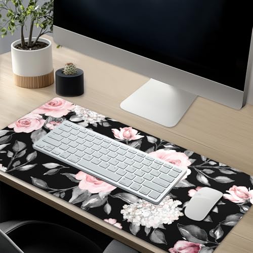 Image of Floral Extended Gaming Mouse Pad Non-Slip Rubber Base Black Large Mousepad 31.5x11.8in with Stitched Edge Waterproof Flowers Pads Computer Black Desk Laptop Mats for Work /Game /Office /Home
