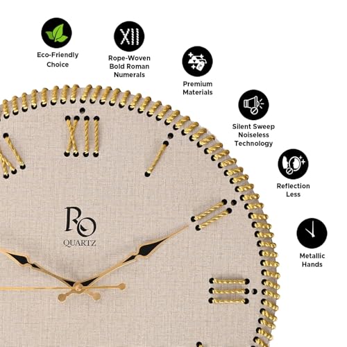 Image of Wooden Round Shape Roman Dial Wall Clock with Gold Zari Rope Detailing and Golden Hands | Silent Quartz Movement Anti Reflection Analog Vintage Clock for Office & Home (Ivory, 15.5 Inch)