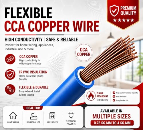 Image of 0.75 SQMM | Blue | 90 meter | PVC Insulated Industrial Multistrand CCA Copper Wire | High Purity Copper | Triple Layer Protection | FR Rated | Heavy Duty Electrical Cable | 10 Guage