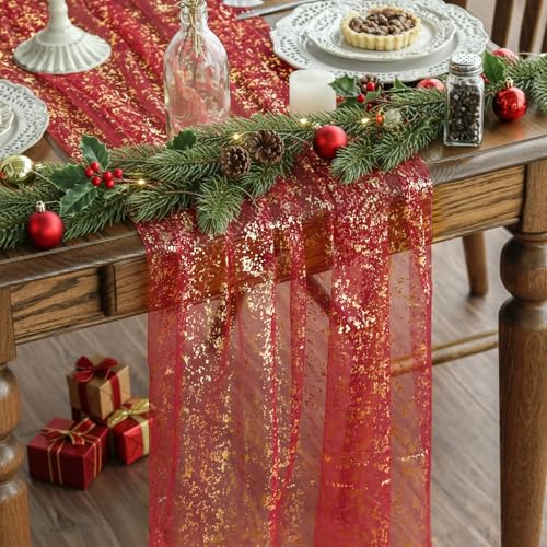 Artoid Mode Red Gold Gauze Table Runner 120 Inch 10Pcs,