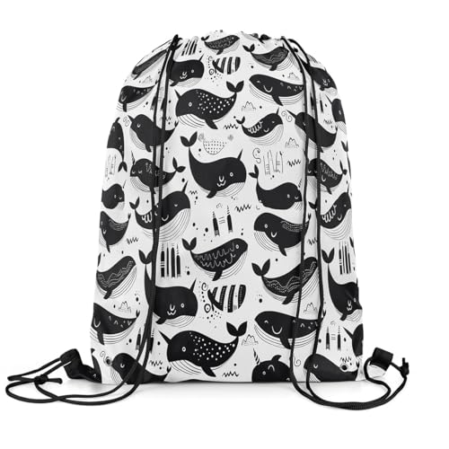 Erosebridal Whale Cartoon Drawstring Backpack 13x15.7, Kawaii Underwater Animals Drawstring Bags, White Black Art Draw String Back Bag, Geometric Hand-Drawn String Backpack