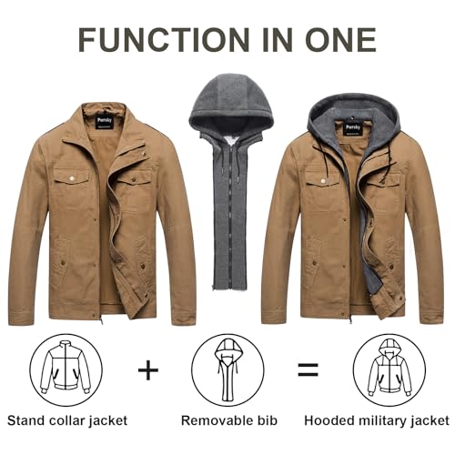 Pursky Men's Military Jacket Casual Washed Cotton Hooded Canvas Coat Fall Coat2