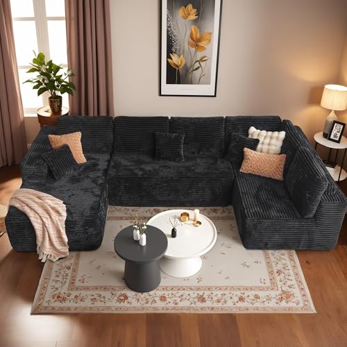 Image of HOOOWOOO Cloud Sectional Couches for Living Room,Modular Sectional Sofa No Assembly,133X70 Inch Plush Corduroy Large U Shaped Floor Couch Set with Deep Seat Chaise Lounge(Black)