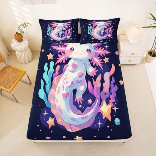 Image of jejeloiu Cute Axolotl Bed Sheets Set Queen Size Cartoon Pink Axolotl Bed Set for Kids Boys Girls Romantic Deep Pocket Fitted Sheet Breathable Soft Lightweight Microfiber