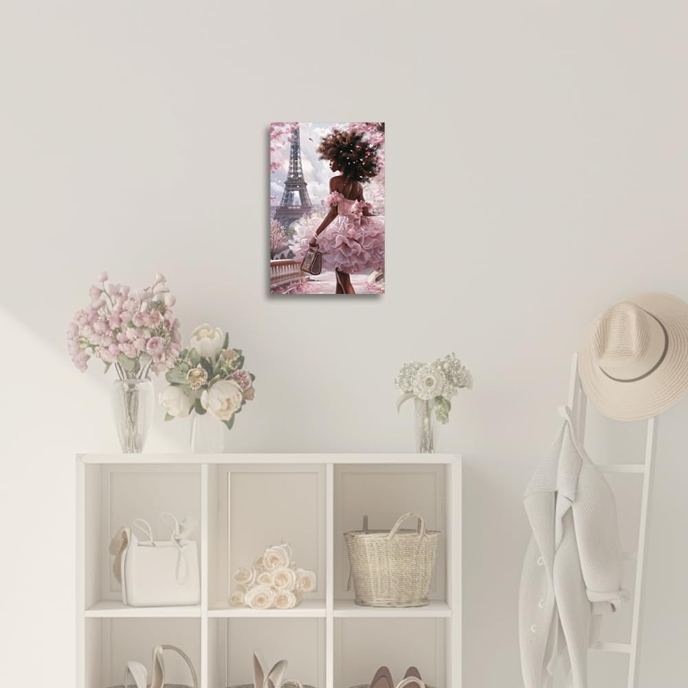 CGXLB Pink Eiffel Tower Wall Art Paris Painting African American Picture Pink and Grey Wall Decor for Bedroom Girls Women Room 16"x24"