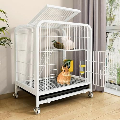 Jaula de conejo para interiores, bandejas extraíbles extra grandes, ruedas universales de 360° y diseño de doble puerta, hábitat de malla de alambre de metal resistente