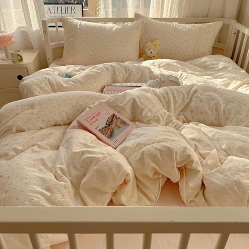 Image of VM VOUGEMARKET Lace Duvet Cover Set Twin XL Size for Teenage Girls Pink Flower Bedding Set Soft Lightweight Washed Microfiber Romantic Princess Duvet Cover with Zipper Ties-68 inchx90 inch