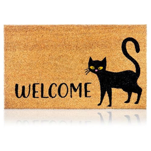 Paillasson Chat Noir - 70x40cm - Tapis de Porte de Bienvenue, Surface Antidérapante PVC & Fibre de Coco - Entrée Maison, Couloirs, Portes - Accessoires...