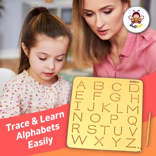 Image of BuGBee Alphabet tracing Board Capital ABC Wooden Slate | Montessori Materials Educational Puzzle Toys for 2+ Years Old Kids | Safe & Natural ABCD Board to Develop Memory & Writing Skills
