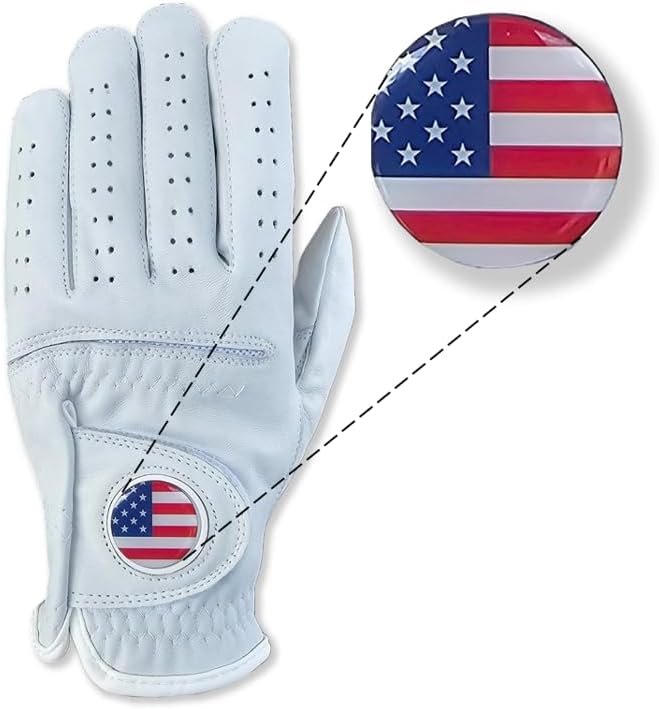 USA Flag Leather Golf Gloves - 100% Cabretta Leather Golf Glove with Magnetic Ball Marker for Right & Left Hand Golfers, Adult Men's, Small to XXL Sizes