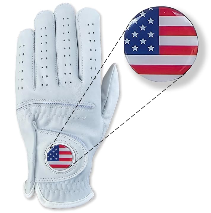 USA Flag Leather Golf Gloves - 100% Cabretta Leather Golf Glove with Magnetic Ball Marker for Right & Left Hand Golfers, Adult Men's, Small to XXL Sizes