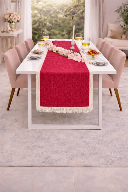 WWW.THROWPILLOW.IN Red Fringe Centre Table Runners for Living Room| Dining Table, Coffee Table & Console Decor|Modern Farmhouse Runner for Stylish Homes|13x48 Inch|for 3 Feet Long Table