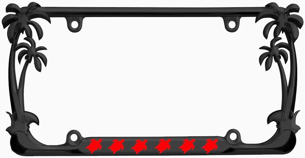 Turtle Palm Tree Design Black Metal Auto License Plate Frame Car Tag Holder (Black/RED)