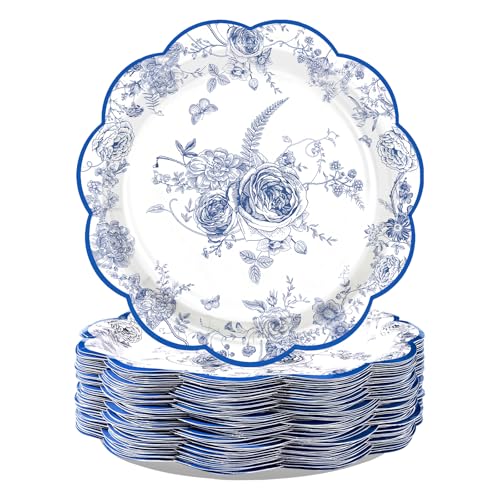 Greencian 100Pcs Blue Floral Paper Plates 9 inch Large Heavy Duty