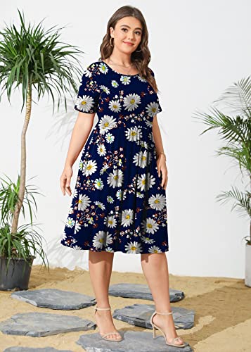 Image of POSESHE Womens Plus Size Summer Dress 2026 Casual Short Sleeve Empire Waist Loose Fit Swing T-Shirt Dress with Pockets