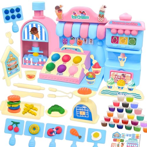 VBACALA Juego de Plastilina para Niños, 71 Piezas de Accesorios de Plastilina, Máquina para Hacer Helados con 24 Tarros de Plastilina, Plastilina para Niños a Partir de 3 Años