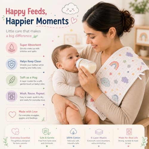Image of Muslin 6 Layer 100% Organic Bamboo Cotton Face Towels for Newborn Baby Extra Soft Hankies Reusable Napkins for Infants Toddlers /Kids Random Print (50x25 CM Pack of 03)