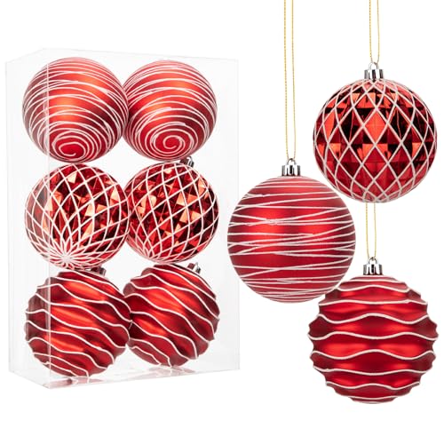 Hollyone Bolas de Navidad grandes, 6 bolas rojas y blancas para decoraciones de árbol de Navidad, bolas de Navidad gigantes colgantes ornamentales