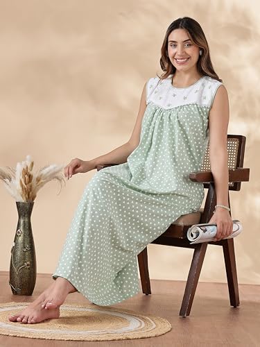 Image of 9shines Label Cotton Sleeveless Nighty | All Over Print Maxi Night wear for Women | Full Length Night Gown Night Dress for Women Stylish (Cotton Sleeveless 25)