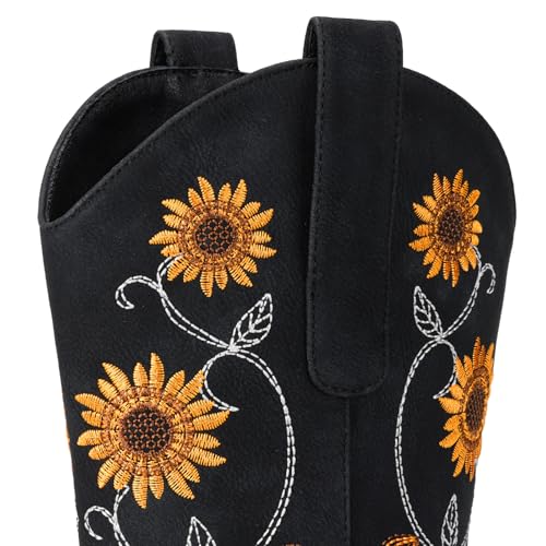 Image of Cowboy Boots for Women - Mid Calf Western Sunflower Cowgirl Boots with Floral Embroidery, Square Toe Stitched Pull On Retro Design, Perfect for Country Idyll, Concerts and More