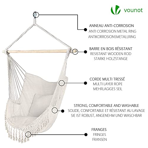 VOUNOT Poltrona Sospesa da Giardino 2 Cuscini, Sedia Amaca Altalena Macrame con Braccioli/Traversa in Legno, Portata Fino a 120 kg, per Interni Esterno Giardino, Beige - Image 8