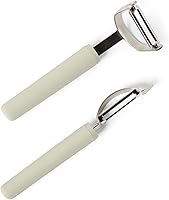 Amazon Basics 2-Piece Vegetable Peelers with Protective Covers - Sharp Stainless Steel, Dishwasher Safe, Soft-Grip Handles, Linen Gray