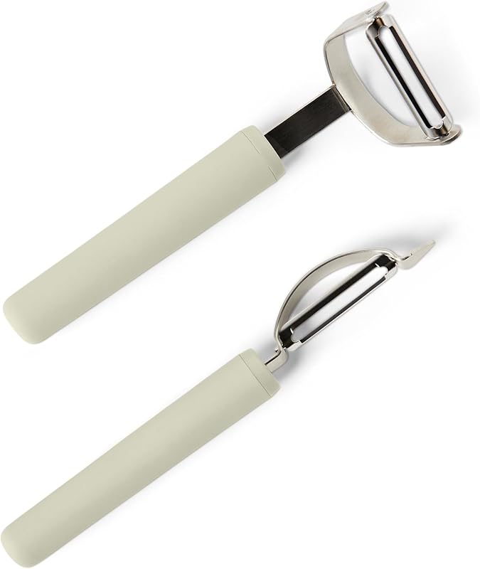 Vegetable Peelers with Ultra-Sharp Stainless Steel Swivel Blades, Non-Slip Soft-Touch Handle, Protective Covers, 2-Piece Set, Dishwasher-Safe, Linen Gray