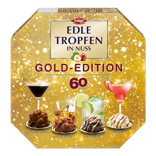 Edle Tropfen in Nuss Gold Edition 60. Jahre Jubiläum 200g 4 Sorten flüssig gefüllte Schokoladen-Pralinen mit Alkohol Zuckerkruste und Haselnuss-Splittern