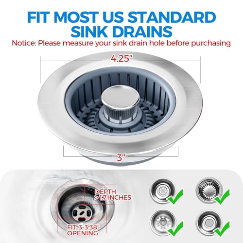 Kitchen Sink Drain Strainer - 2Pack Sink Stopper, Drain Protector, Kitchen Drain Plug & Sink Installation Parts with Anti-Clogging Basket, Fit US Standard 3-1/2'' Sink Drain Hole, Silver