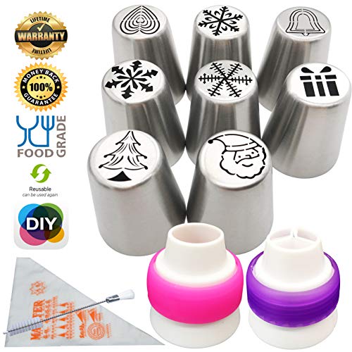 Juego de boquillas para mangas pasteleras de acero inoxidable y de gran tamaño (1 cepillo + 10 mangas pasteleras desechables + 1 acoplador jeringa) 8 set/Christmas
