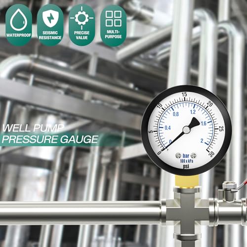 Image of 0-30PSI Well Pump Pressure Gauge 2 inch Dial Size, 1 /8 inch NPT Lower Mount, 3-2-3% Accuracy, for Tube, Water Pump, Gas, Liquid, Pressure Test