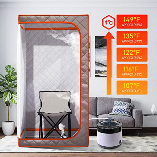 Image of Portable Steam Sauna, Full Size Personal Sauna for Home, with 4L & 1500W Steam Generator, Remote Control, Timer (Single Steam 4L Steamer Set - Dark Grey Orange Rim, 33.85 inch x 33.85 inch x 65.74 inch)