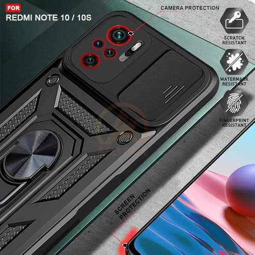 Image of Armor Bumper Back Cover Case for Redmi Note 10 / 10S Rotating Camera Cover, Ring Holder & Kickstand | Heavy Duty & 360 Degree Protection Redmi Note 10 / 10S Back Cover (Black)