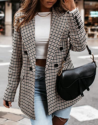 CHARTOU Women's Slim Double Breasted Houndstooth Office Work Plaid Blazer Suit Jacket Outwear2
