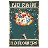 WADORN Umbrella Flowers Vintage Metal Tin Sign, No Rain No Flowers Retro Metal Poster Sign Novelty Inspirational Floarl Painting Home Wall Art Poster Plaque for Bar Pub Cafe Restaurant, 7.8x11.8 Inch