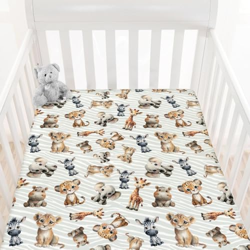 Image of HawSkgFub Safari Jungle African Animals Fitted Standard Baby Crib Sheet Boy Girl, Giraffe Lion Tiger Elephant Zebra Toddler Mattress Cover, Soft Stretchy Nursery Bed Sheets Decor Kids Gift 52 inch x 28 inch