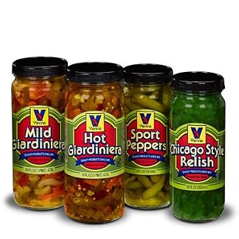 Vienna Condiment Variety 4-Pack 1 Jar Hot Giardiniera, 1 Jar Mild Giardiniera, 1 Jar Sport Peppers, 1 Jar Bright Green Relish