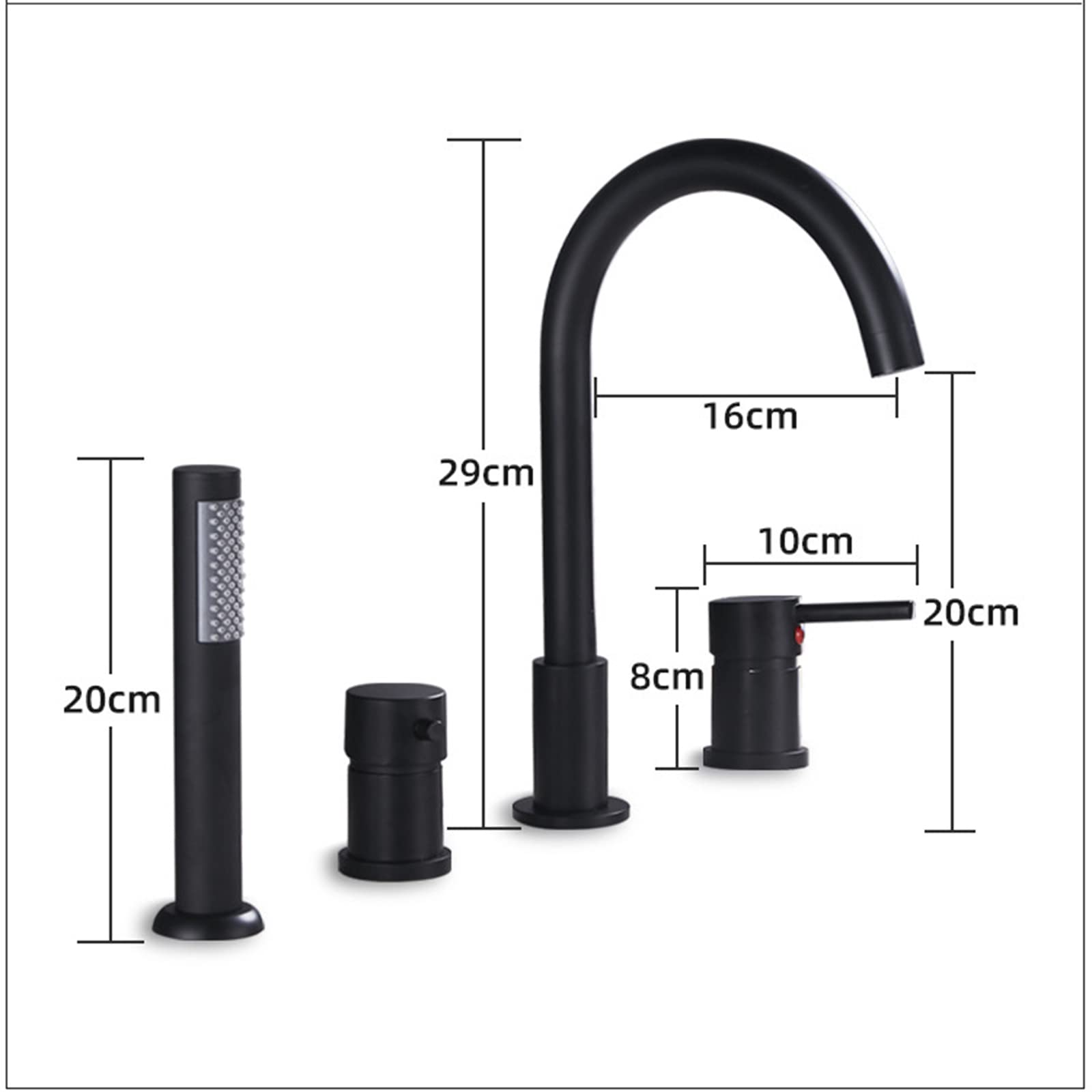 Mischbatterie für Badewanne und Dusche, 4 Wasserhahnlöcher, für heiße und kalte Wasserhähne, ausziehbar, für Badezimmer, modernes Design, Schwarz und Chrom