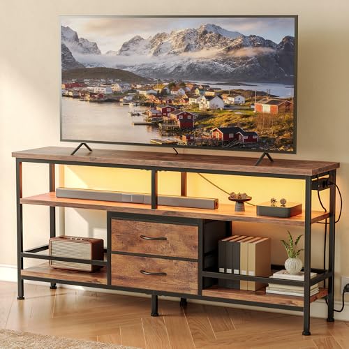 CO Z Mueble TV Tono Madera 140×30×60 cm, Mueble de Salon para televisores de 43–65 pulgcon Iluminación LED y Estación de Carga Desmontable, Estantes Abiertos con Cajones de Tela