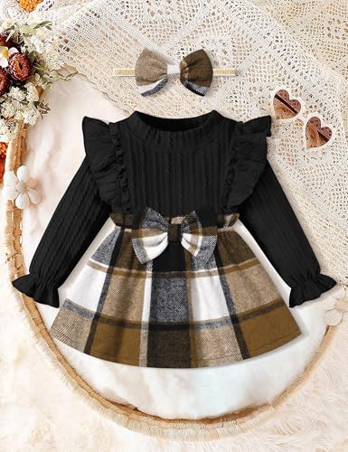 Baby Girl Clothes Infant Dress Plaid Ruffle Long Sleeve Dresses + Headband Cute Fall Winter Baby Dress4