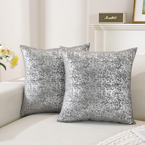 TAOSON Pack of 4 Silver Pillow Covers Velvet Both Sides Sparkle Foil Print Deco Cozy Soft Throw Pillow Cases Cushion Covers Shells for Sofa Couch Bed Home Decoration 18 x 18 Inches Dark Grey/Gray