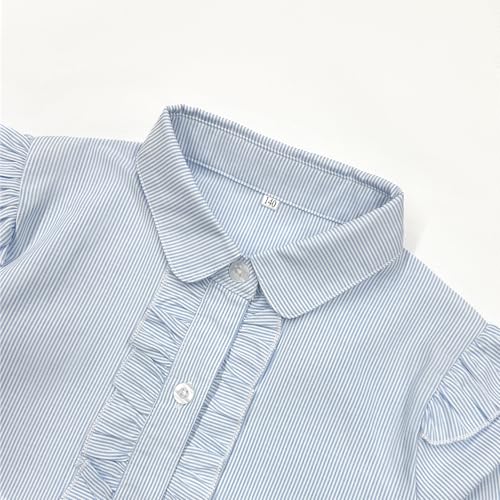 Image of Girls Short Sleeve Button Down Shirts Ruffle School Uniform Crop Tops Peter Pan Collar Plaid Blouse 4-13Y