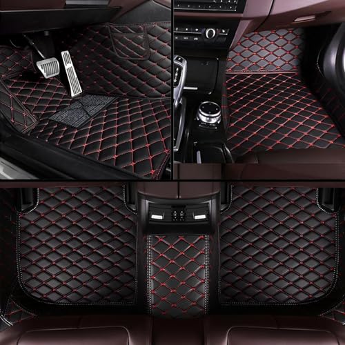 Image of 7D Car Floor Mat Compatible for La.nd Ro.ver Defender 7 Seater | Luxury Leatherette with Grass | Waterproof & Washable | Complete Set | Color - Black Red