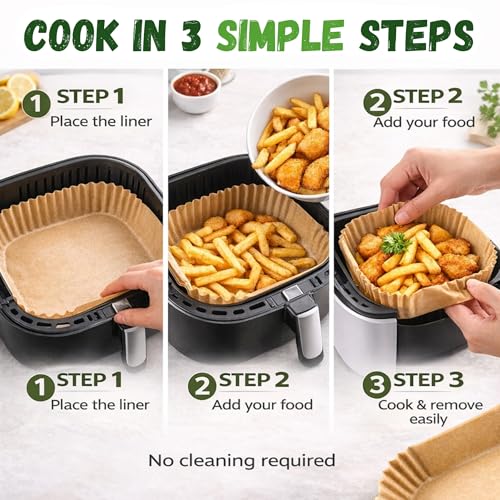 Image of Air Fryer Paper Liners 125 PCS - Disposable Airfryer Paper Sheets, Parchment Paper for Air Fryer, Non Stick Oil Proof Baking Paper Tray, 8 inch Square Liners for Frying, Baking & BBQ