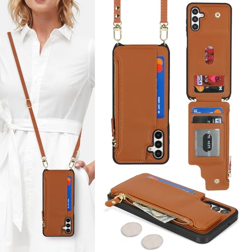 SailorTech Hülle für Samsung Galaxy A13 5G/A04s, Etui mit Kartenfach, Verstellbare Halskette, Braun