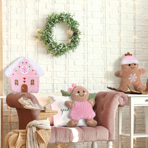 Image of Konohan 3 Pcs Christmas Gingerbread Pillows House Man Throw Pillows Stuffed Gingerbread Shaped Pillow for Christmas Party Outdoor Cushion Decorations(Pink,Lovely Style)