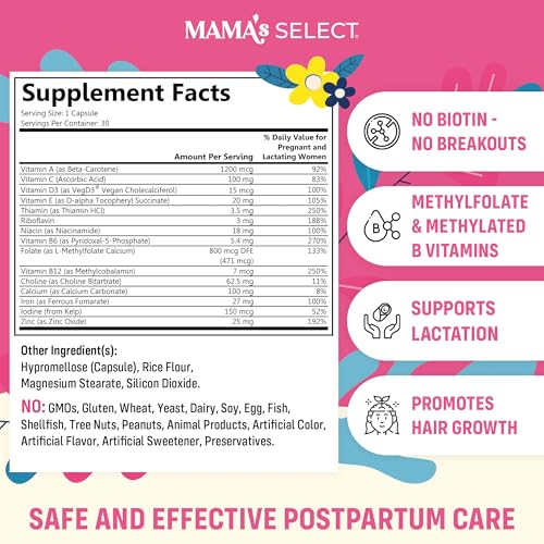 Mama's Select Postnatal Vitamins for Women – Postpartum Multivitamin for Recovery, Energy, Hair & Milk Supply – MTHFR-Friendly Methylated Folate, No Biotin, Vegan – 30 Capsules