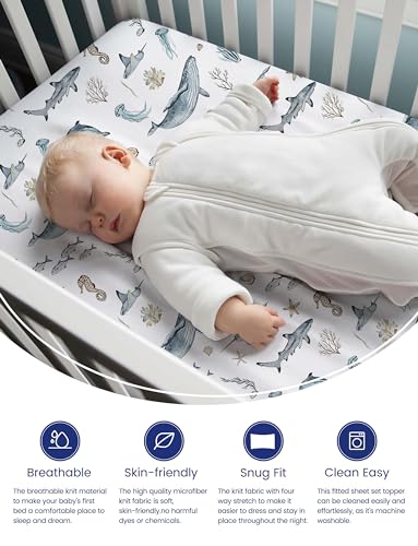 totaha premium soft pack n play sheets super stretchy jersey knit mini crib sheets fitted silky comfort pack and play mattress sheets 2 pack sea animal